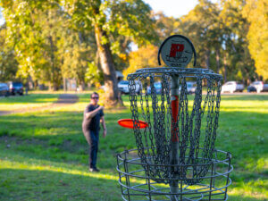 Playing disc golf at Champoeg State Park