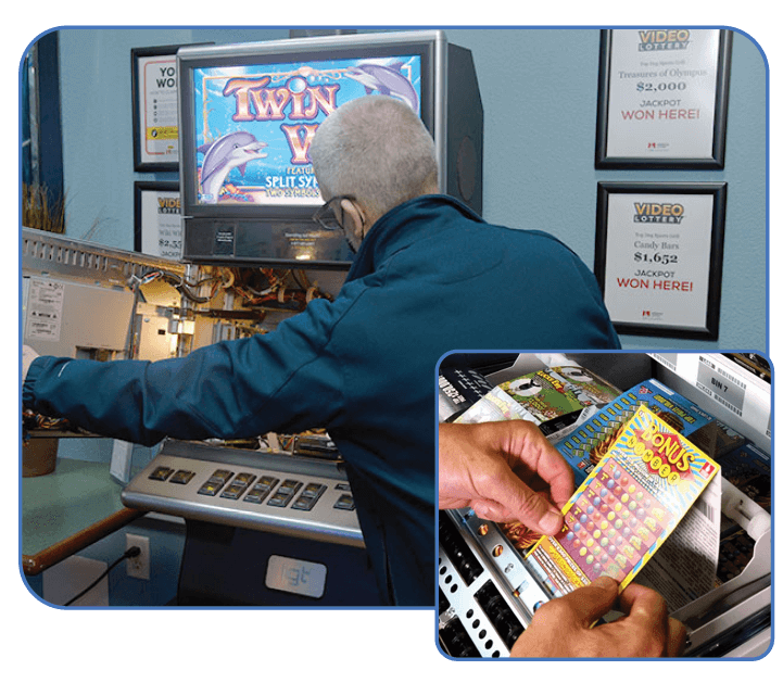 Two photographs. In the first, you see the back of a man's head as he opens up a video lottery game machine. In the second photo, you see a close-up of hands inserting a pack of Scratch-it tickets into a machine.