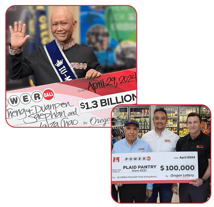 In one photo, Powerball winner Cheng smiles at the camera, waving with one hand and holding a novelty check in the other. In a second photo below, three men in Plaid Pantry shirts stand smiling in a convenience store, holding a novelty oversized check.