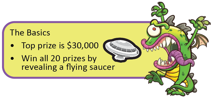 A callout bubble framed by an illustration of Colossal Claude that reads: The Basics: Top prize is $30,000. Win all 20 prizes by revealing a flying saucer.