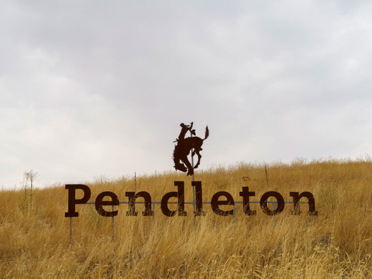 Highway sign entering Pendleton, Oregon