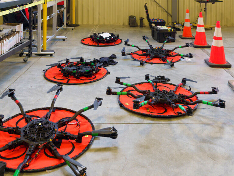 A set of drones in the UAS hangar.