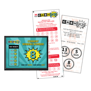 An array of Cash Pop game slip and ticket, alongside an image of the Cash Pop ESMM show